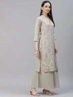 Jompers Women's Grey & Pink Floral Embroidered Regular Kurta with Palazzos & Dupatta