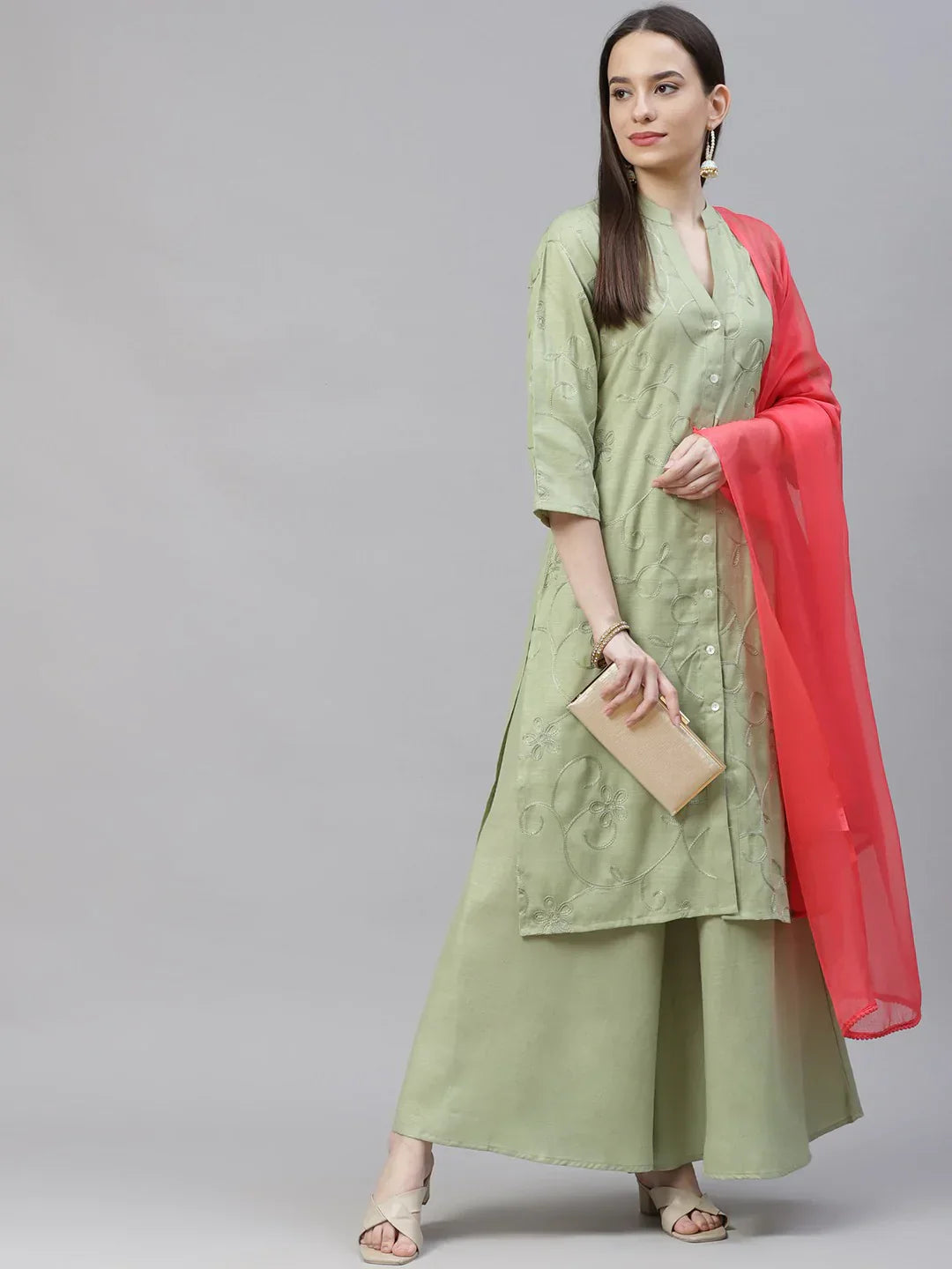 Jompers Women's Lime Green & Pink Floral Embroidered Kurta with Palazzos & Dupatta