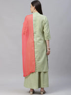 Jompers Women's Lime Green & Pink Floral Embroidered Kurta with Palazzos & Dupatta