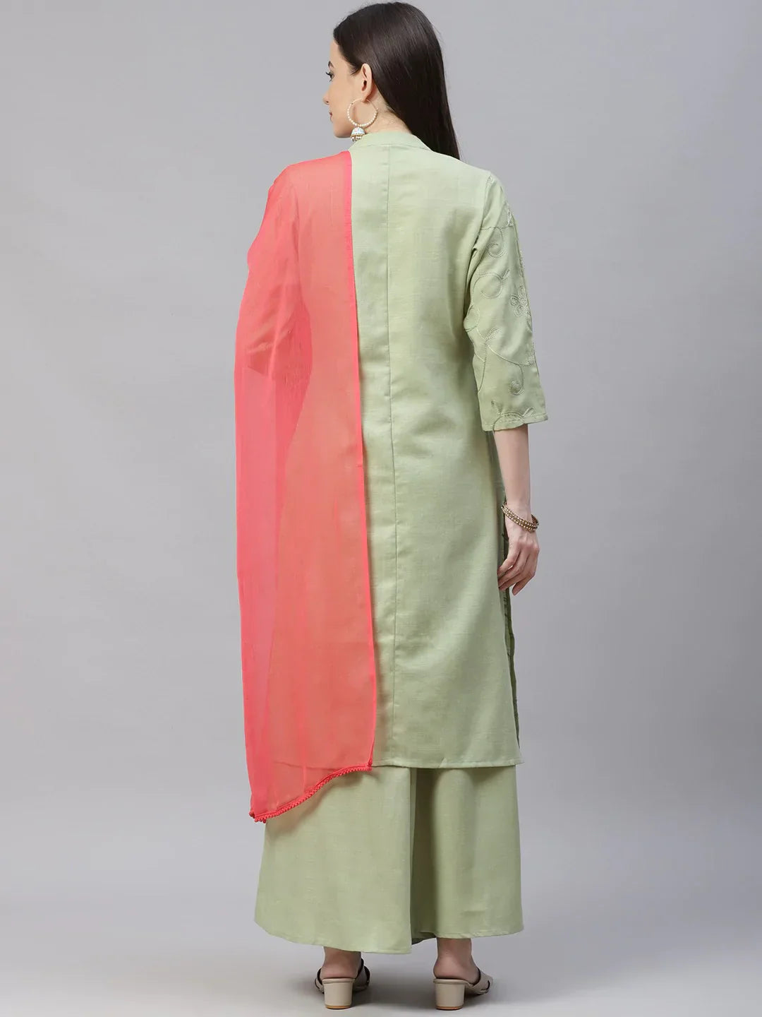Jompers Women's Lime Green & Pink Floral Embroidered Kurta with Palazzos & Dupatta