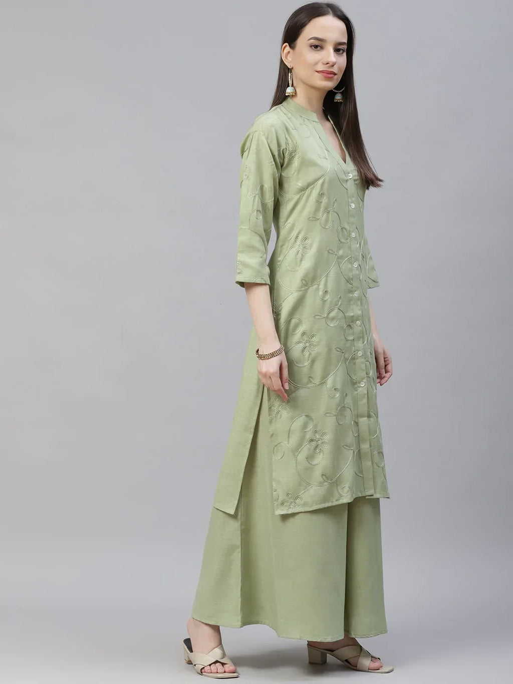 Jompers Women's Lime Green & Pink Floral Embroidered Kurta with Palazzos & Dupatta