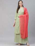 Jompers Women's Lime Green & Pink Floral Embroidered Kurta with Palazzos & Dupatta