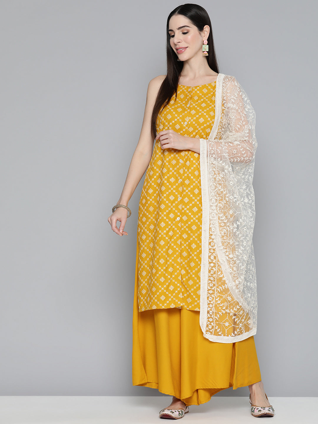 Jompers Women's Printed Kurta with Palazzos & With Chikankari Dupatta - Mustard