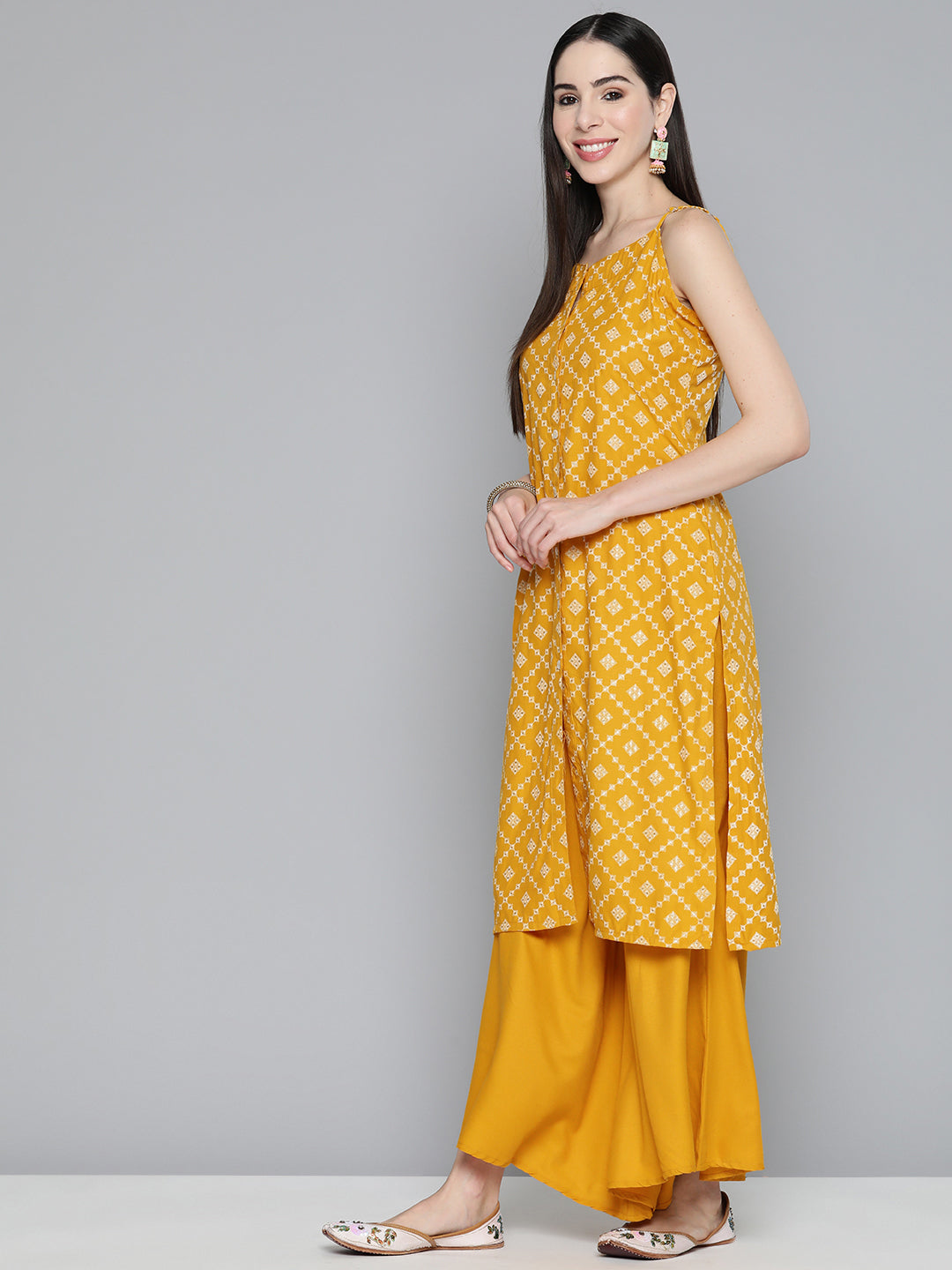 Jompers Women's Printed Kurta with Palazzos & With Chikankari Dupatta - Mustard