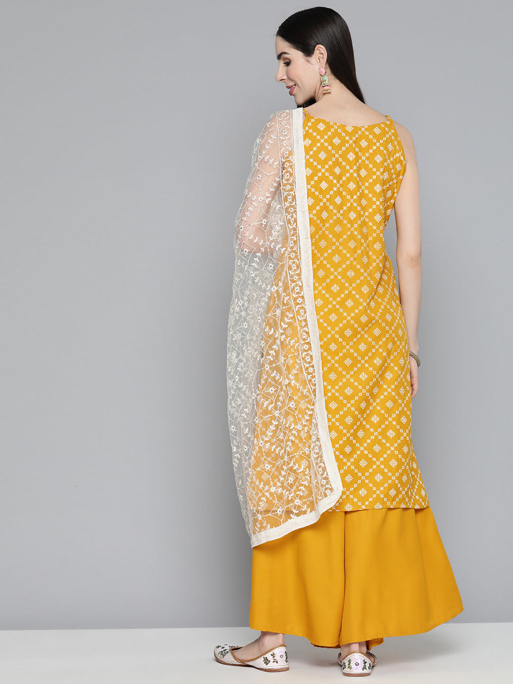 Jompers Women's Printed Kurta with Palazzos & With Chikankari Dupatta - Mustard