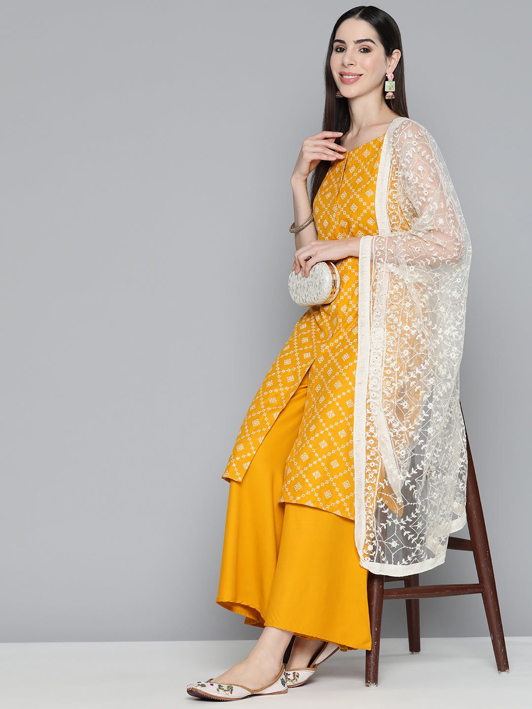 Jompers Women's Printed Kurta with Palazzos & With Chikankari Dupatta - Mustard