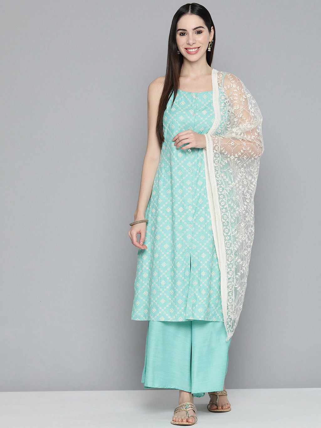 Jompers Women's Printed Blue Kurta with Palazzos & With Chikankari Dupatta