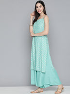Jompers Women's Printed Blue Kurta with Palazzos & With Chikankari Dupatta