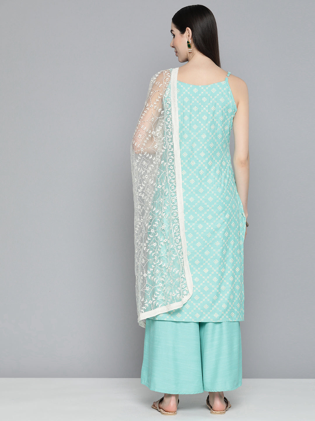 Jompers Women's Printed Blue Kurta with Palazzos & With Chikankari Dupatta