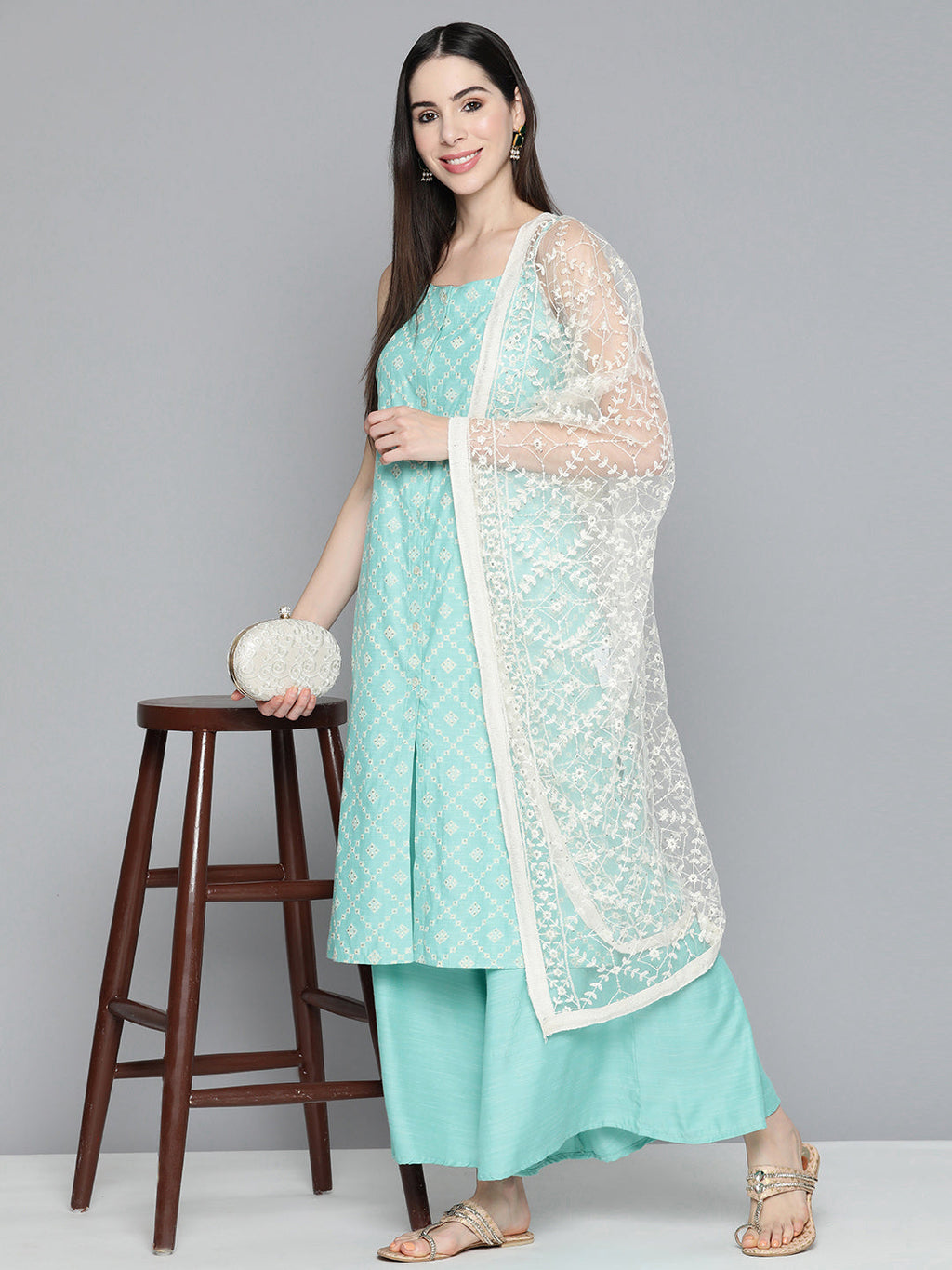 Jompers Women's Printed Blue Kurta with Palazzos & With Chikankari Dupatta