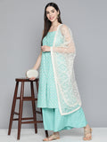 Jompers Women's Printed Blue Kurta with Palazzos & With Chikankari Dupatta