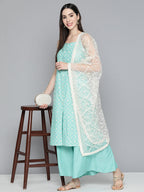 Jompers Women's Printed Blue Kurta with Palazzos & With Chikankari Dupatta