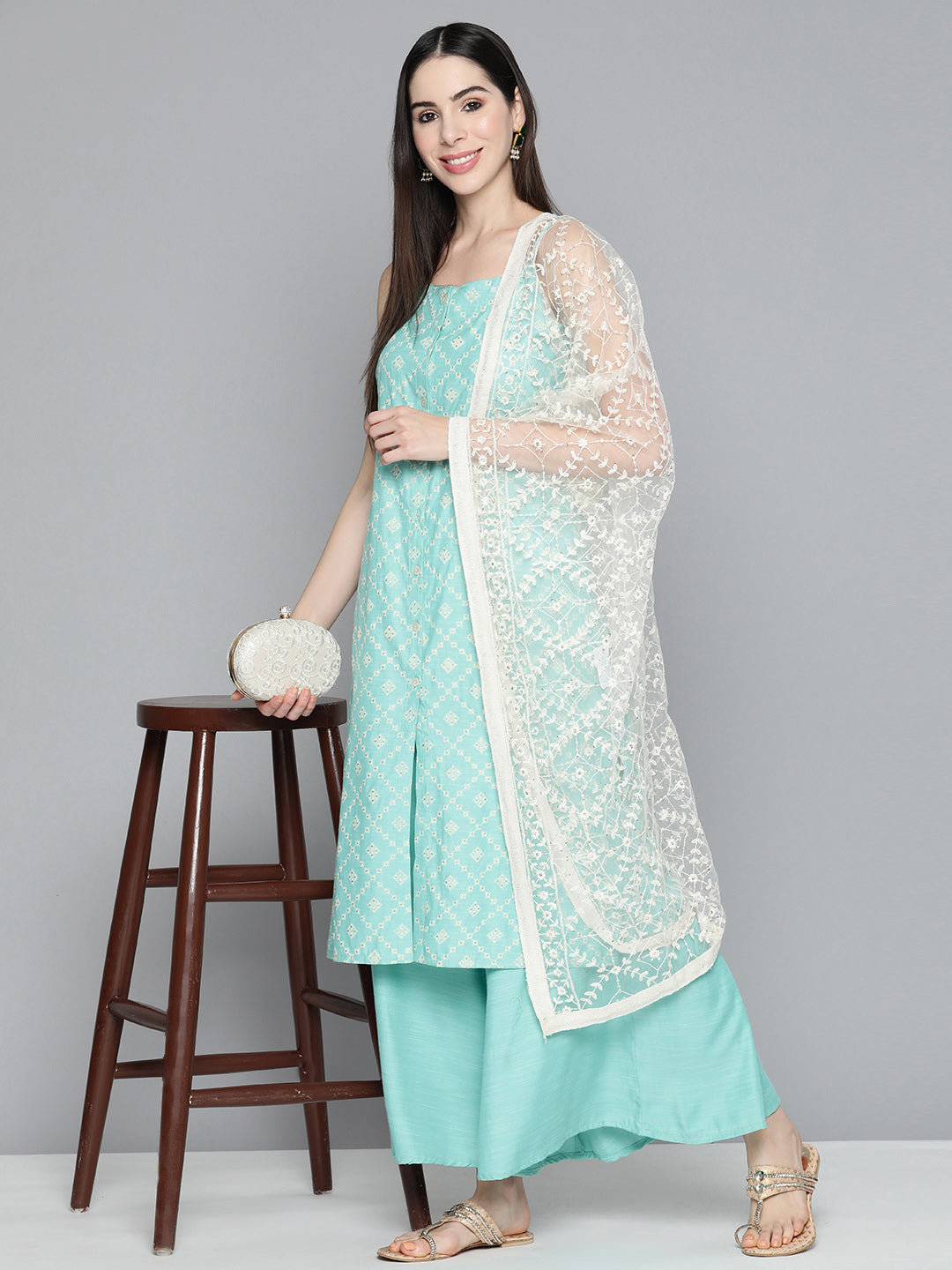 Jompers Women's Printed Blue Kurta with Palazzos & With Chikankari Dupatta