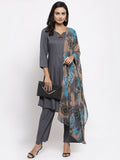 Jompers Women Grey Solid Kurta with Palazzos & Gorgette Printed Dupatta - Distacart