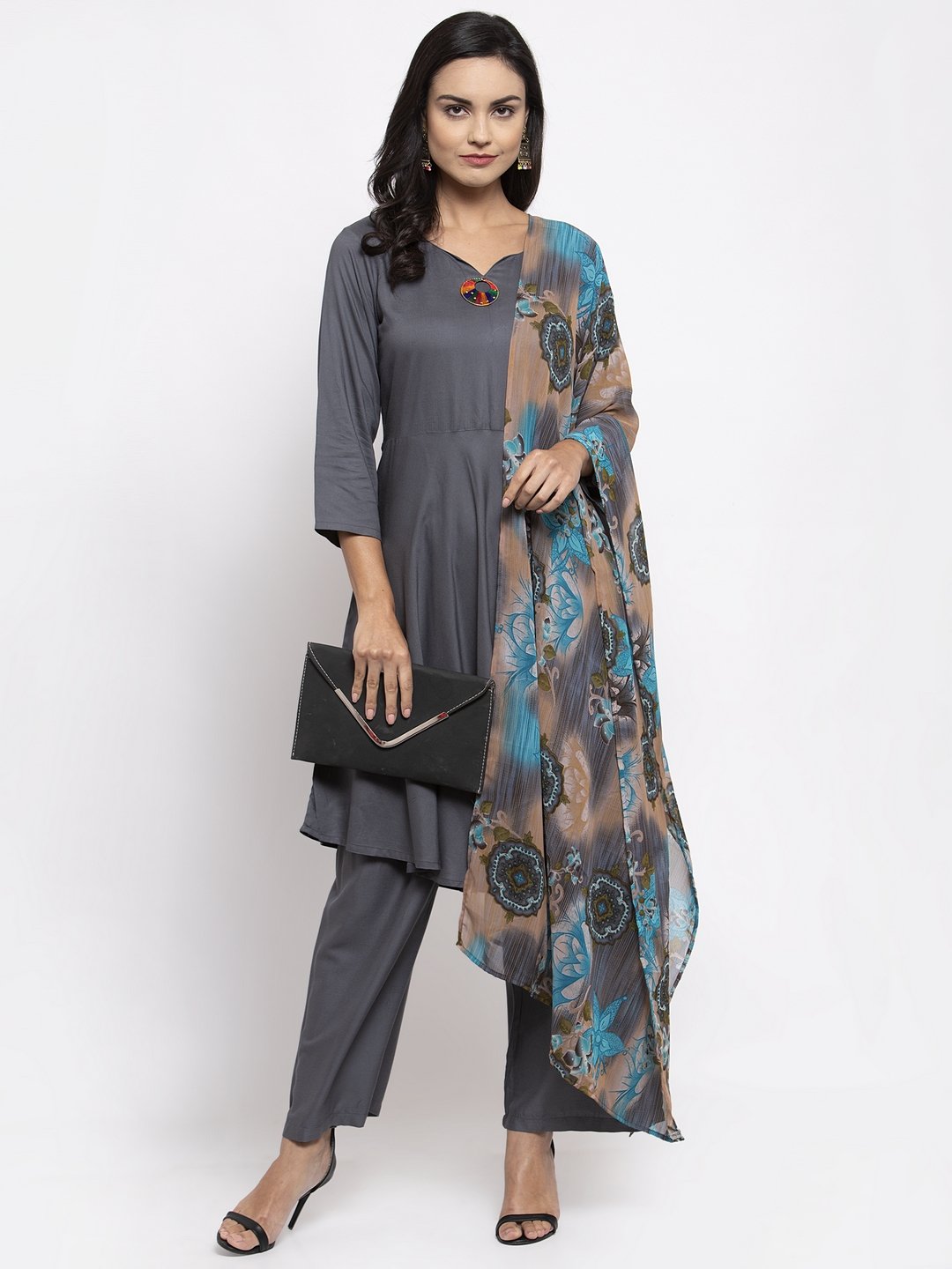 Jompers Women Grey Solid Kurta with Palazzos & Gorgette Printed Dupatta - Distacart