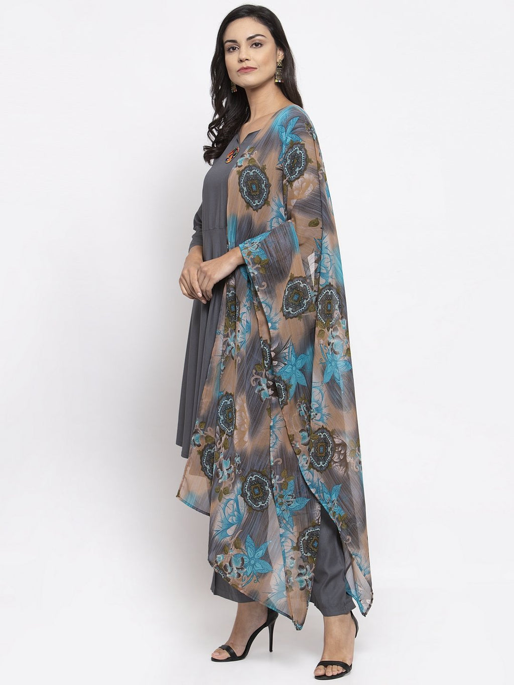 Jompers Women Grey Solid Kurta with Palazzos & Gorgette Printed Dupatta - Distacart