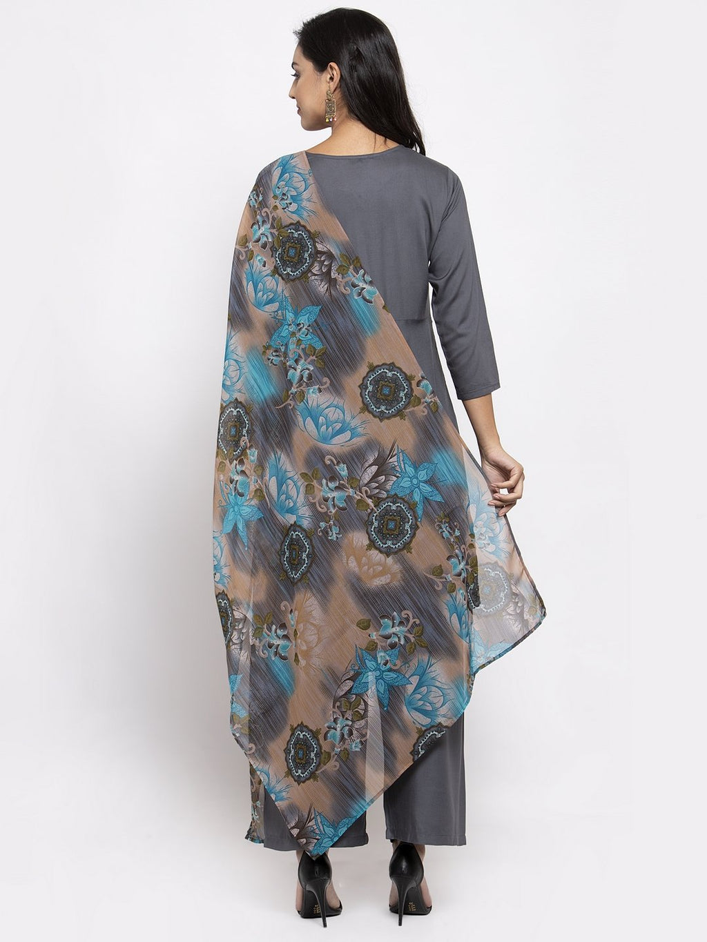 Jompers Women Grey Solid Kurta with Palazzos & Gorgette Printed Dupatta - Distacart