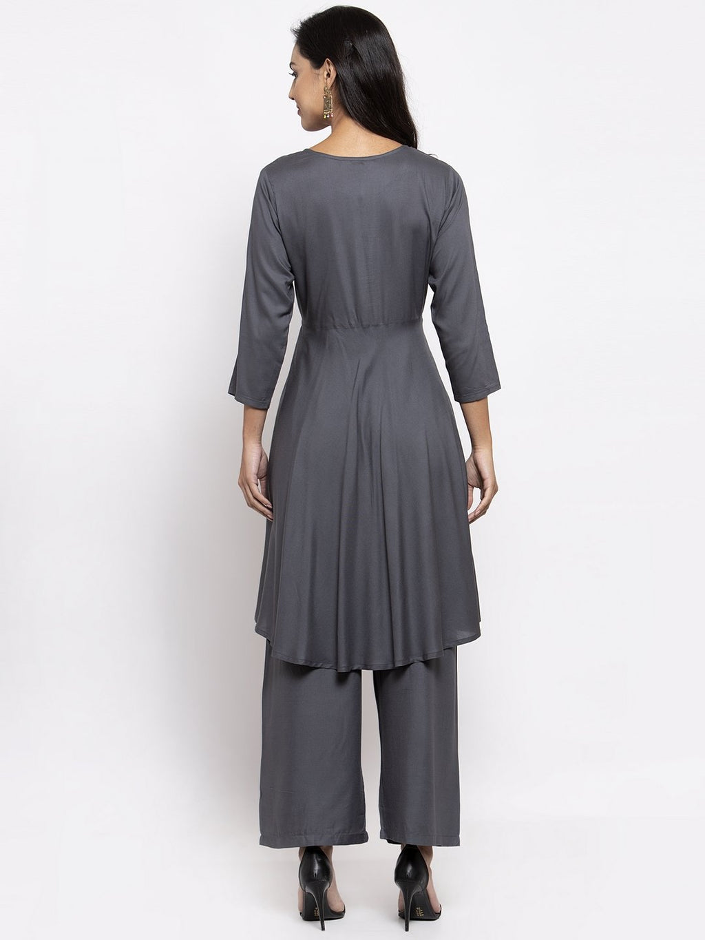 Jompers Women Grey Solid Kurta with Palazzos & Gorgette Printed Dupatta - Distacart