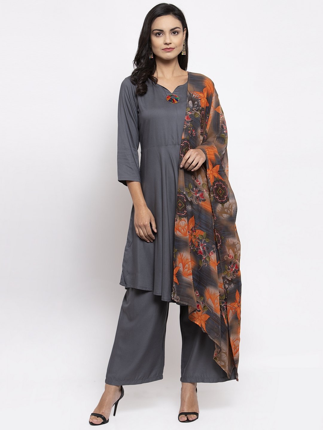 Jompers Women Grey Solid Kurta with Palazzos & Gorgette Orange Printed Dupatta - Distacart