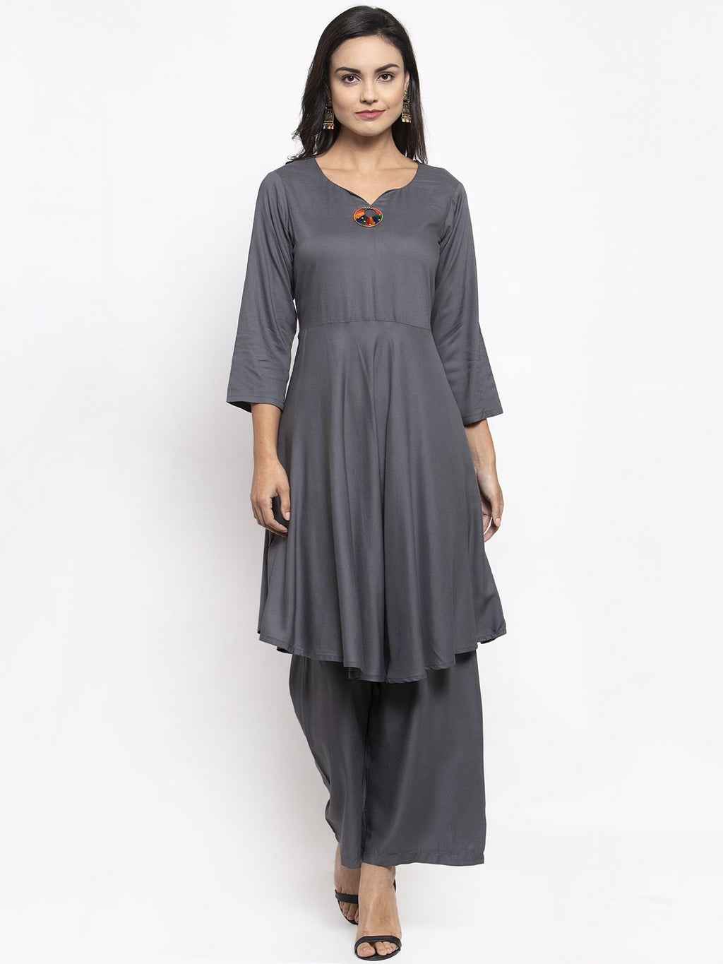 Jompers Women Grey Solid Kurta with Palazzos & Gorgette Orange Printed Dupatta - Distacart