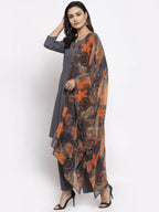 Jompers Women Grey Solid Kurta with Palazzos & Gorgette Orange Printed Dupatta - Distacart