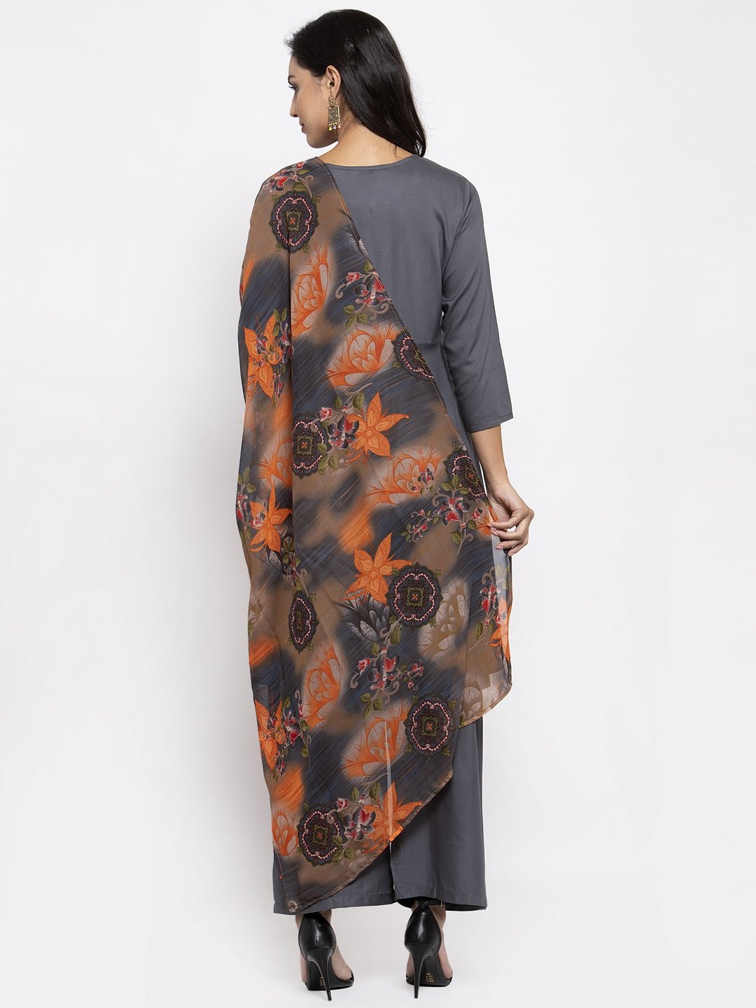 Jompers Women Grey Solid Kurta with Palazzos & Gorgette Orange Printed Dupatta - Distacart