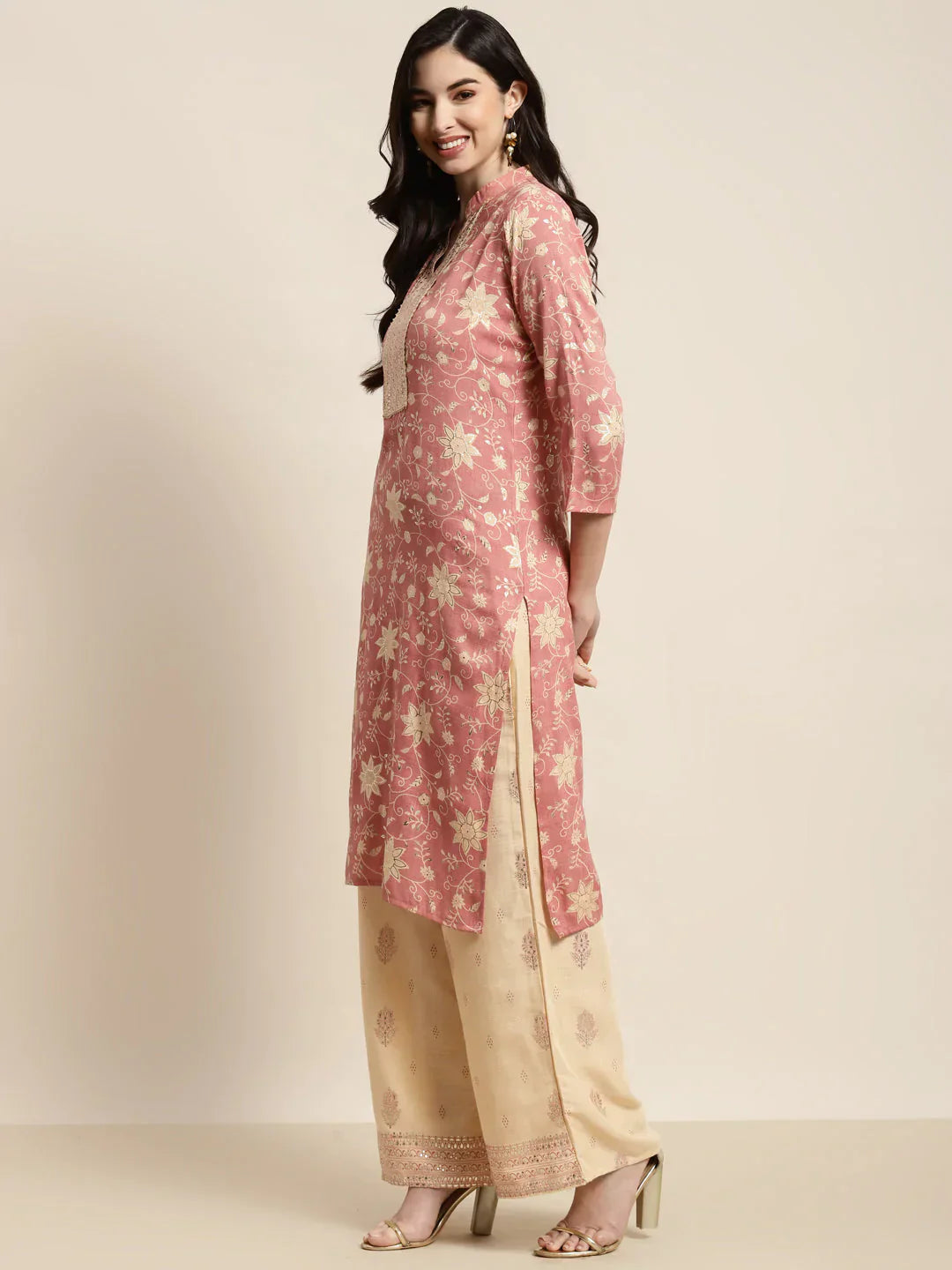 Jompers Women's Gotta Patti work Kurta, Palazzos & Dupatta - Pink