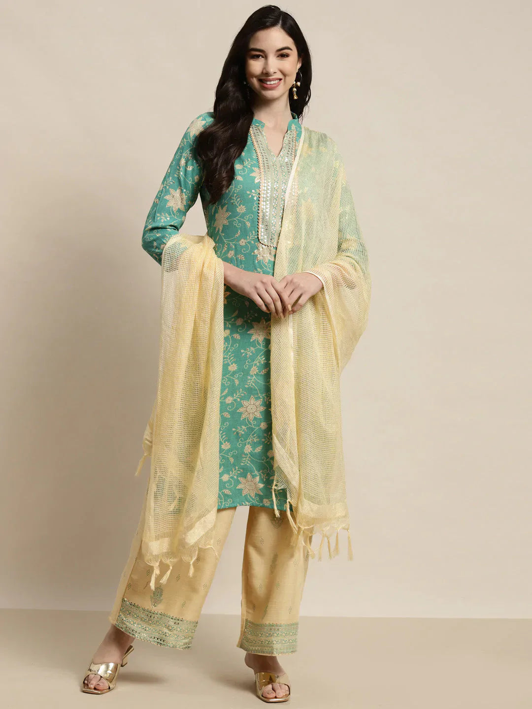 Jompers Women's Gotta Patti work Kurta, Palazzos & Dupatta - Sky Blue