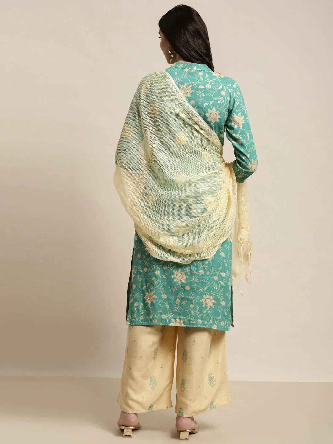 Jompers Women's Gotta Patti work Kurta, Palazzos & Dupatta - Sky Blue