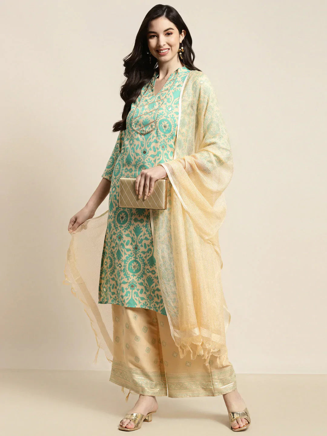Jompers Women's Gotta Patti work Kurta, Palazzos & Dupatta - Sky Blue