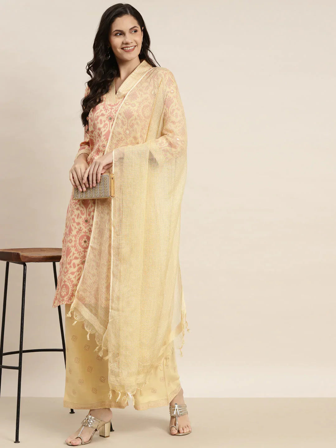 Jompers Women's Printed Kurta with Palazzos & Dupatta - Pink