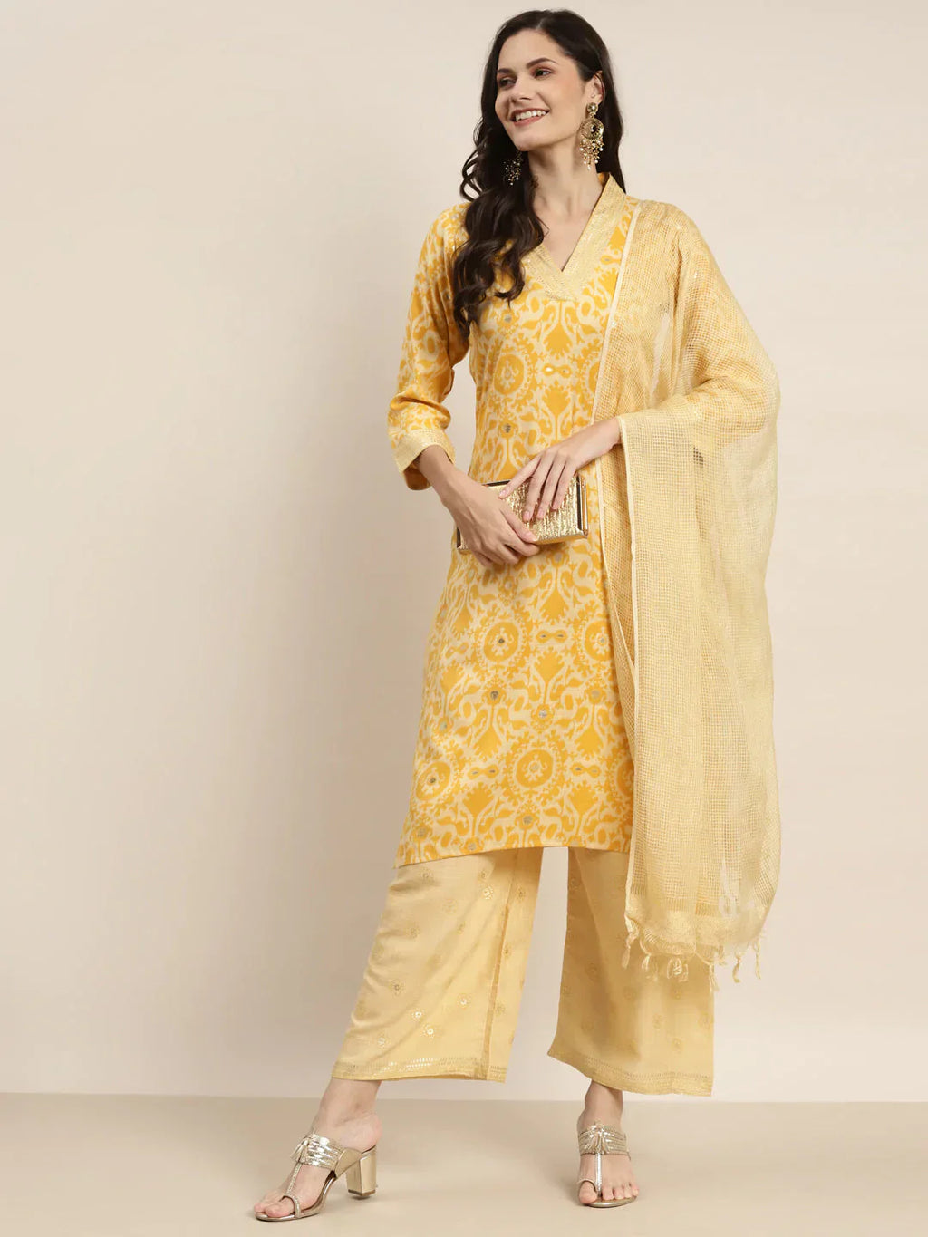 Jompers Women's Printed Kurta with Palazzos & Dupatta - Yellow