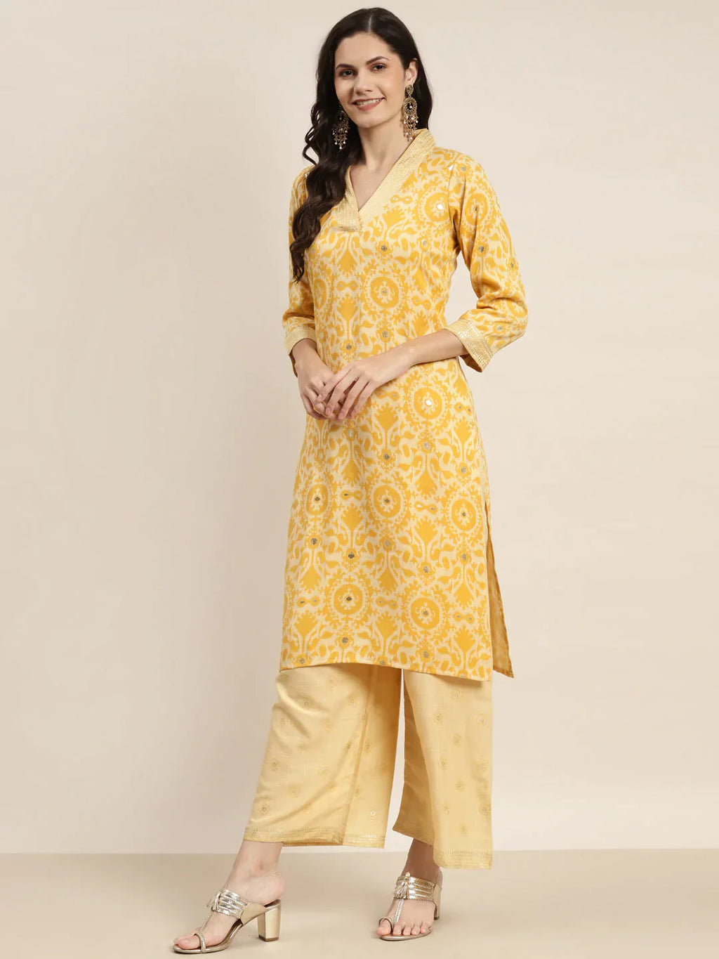 Jompers Women's Printed Kurta with Palazzos & Dupatta - Yellow