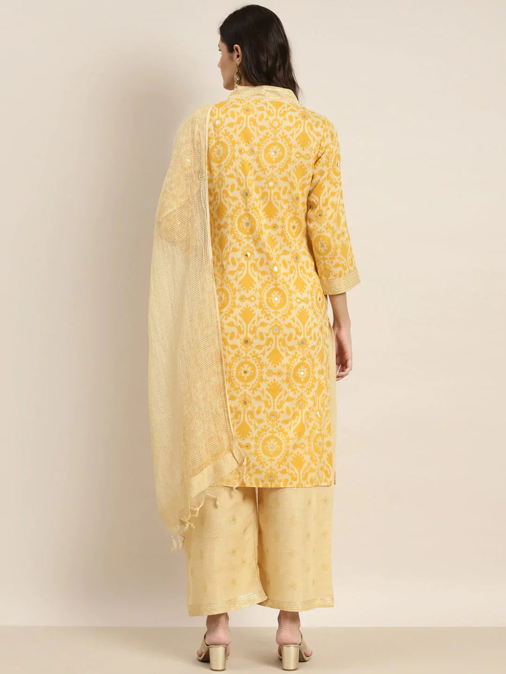 Jompers Women's Printed Kurta with Palazzos & Dupatta - Yellow