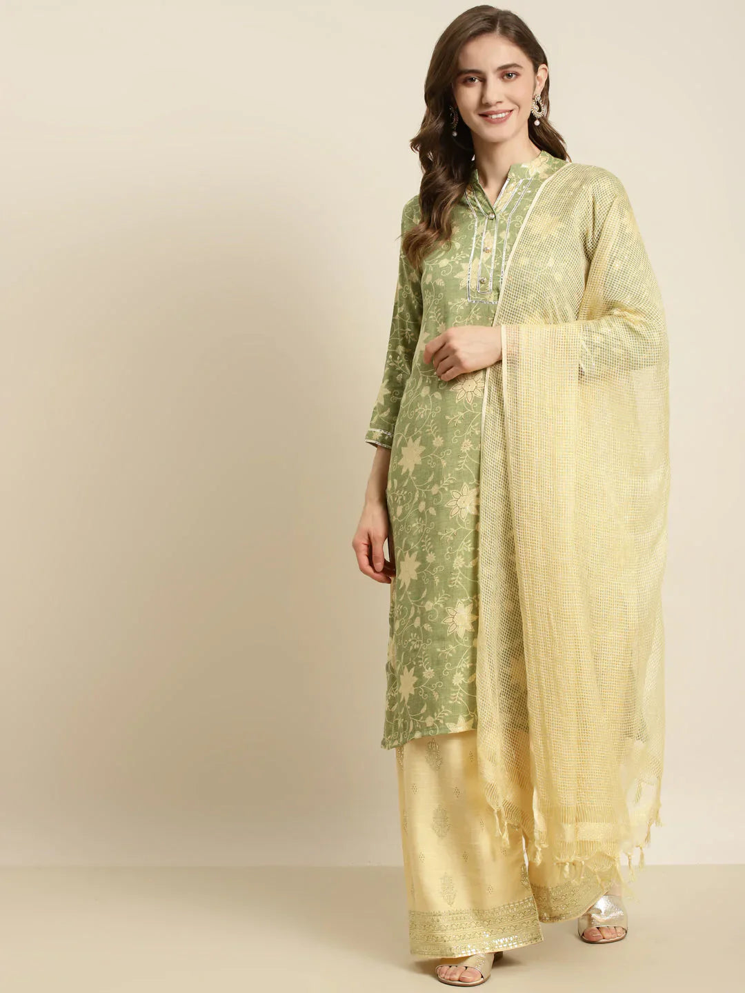 Jompers Women's Gotta Patti Kurta with Palazzos & Dupatta - Green