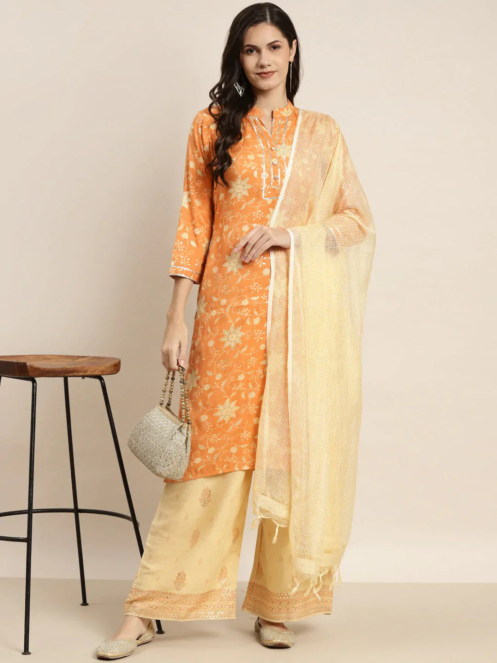Jompers Women's Gotta Patti Kurta with Palazzos & Dupatta - Orange