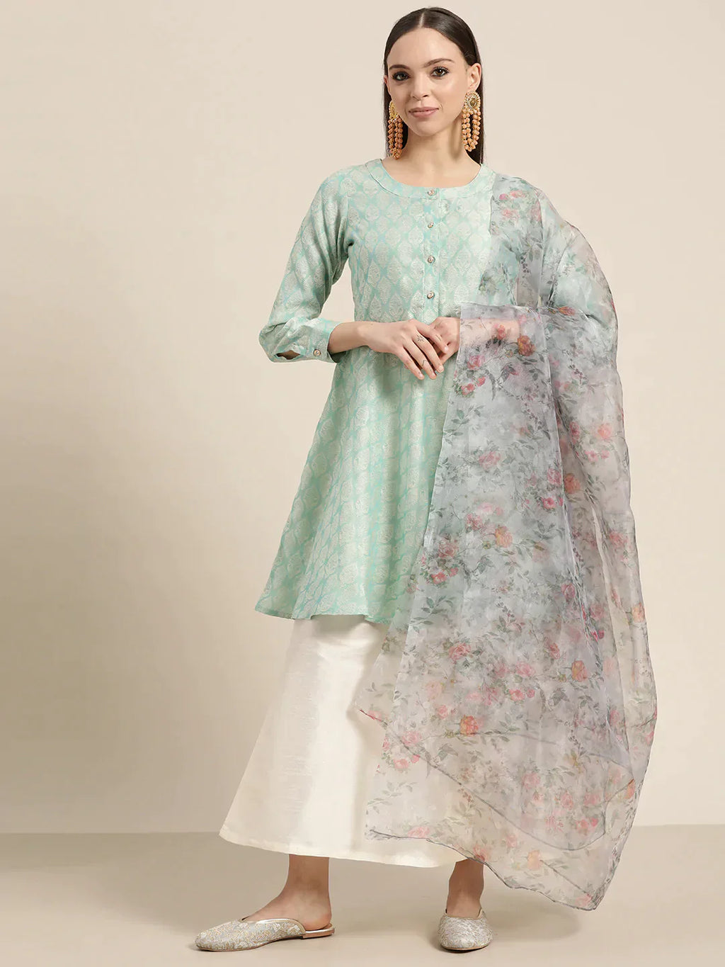 Jompers Women's Floral Pleated Dupion Silk Jacquard Kurta with Palazzos & Dupatta - Blue