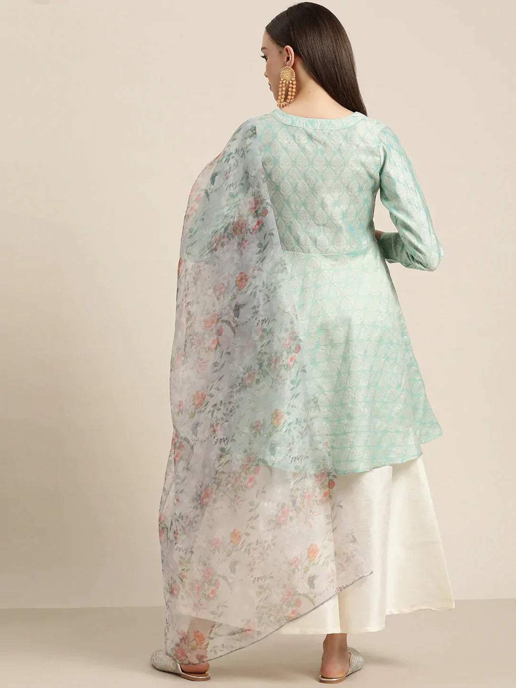 Jompers Women's Floral Pleated Dupion Silk Jacquard Kurta with Palazzos & Dupatta - Blue