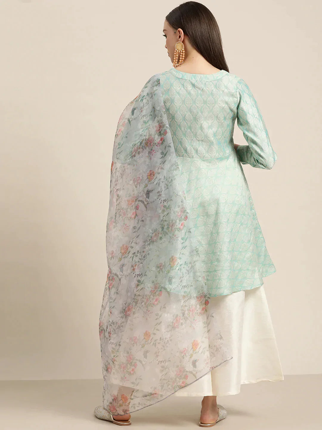 Jompers Women's Floral Pleated Dupion Silk Jacquard Kurta with Palazzos & Dupatta - Blue