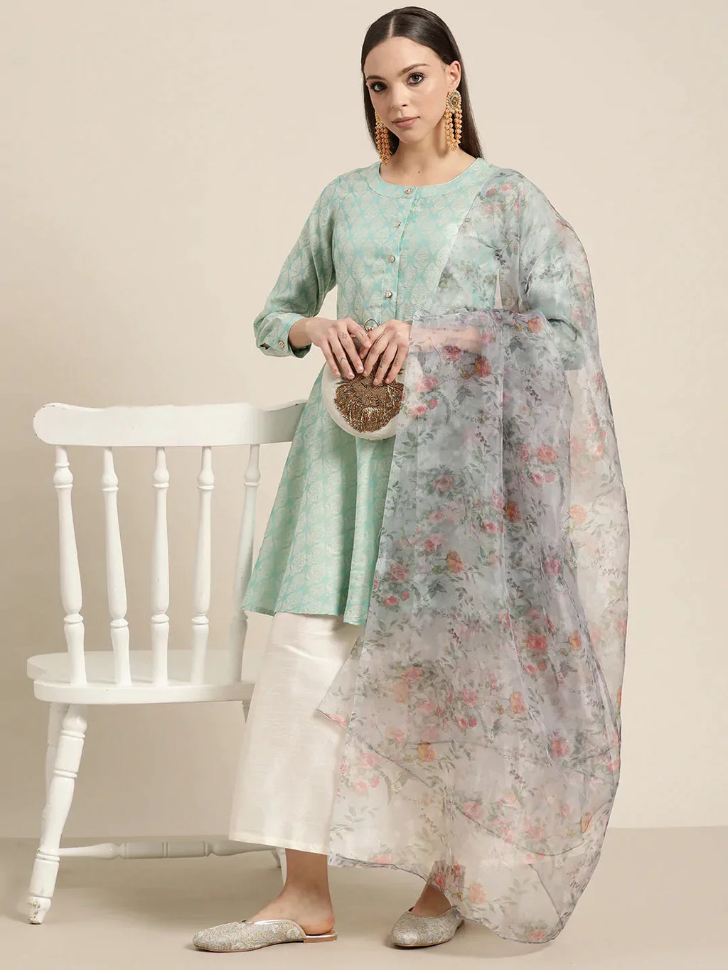 Jompers Women's Floral Pleated Dupion Silk Jacquard Kurta with Palazzos & Dupatta - Blue