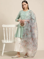 Jompers Women's Floral Pleated Dupion Silk Jacquard Kurta with Palazzos & Dupatta - Blue