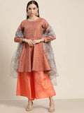 Jompers Women's Floral Pleated Dupion Silk Jacquard Kurta with Palazzos & Dupatta - Orange