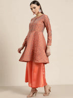 Jompers Women's Floral Pleated Dupion Silk Jacquard Kurta with Palazzos & Dupatta - Orange