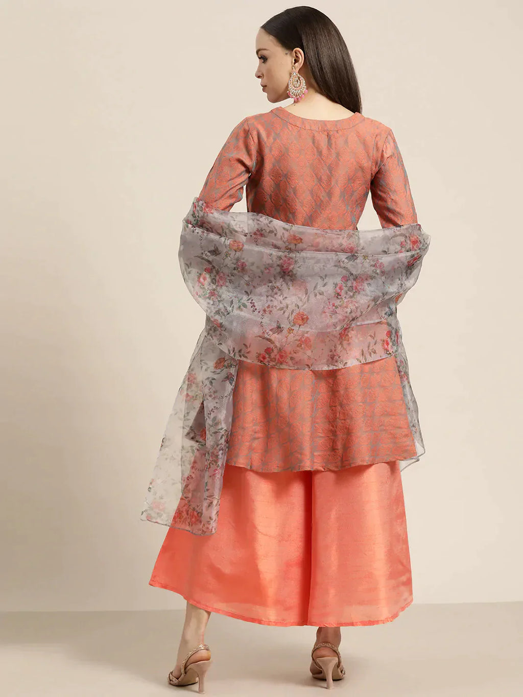 Jompers Women's Floral Pleated Dupion Silk Jacquard Kurta with Palazzos & Dupatta - Orange