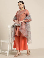 Jompers Women's Floral Pleated Dupion Silk Jacquard Kurta with Palazzos & Dupatta - Orange