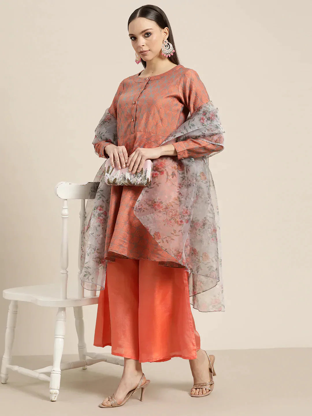 Jompers Women's Floral Pleated Dupion Silk Jacquard Kurta with Palazzos & Dupatta - Orange