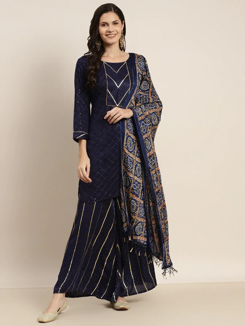 Jompers Women's Embroidered Sequinned Kurta with Palazzos & Dupatta - Navy Blue