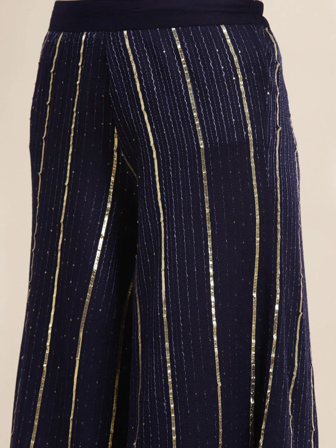 Jompers Women's Embroidered Sequinned Kurta with Palazzos & Dupatta - Navy Blue