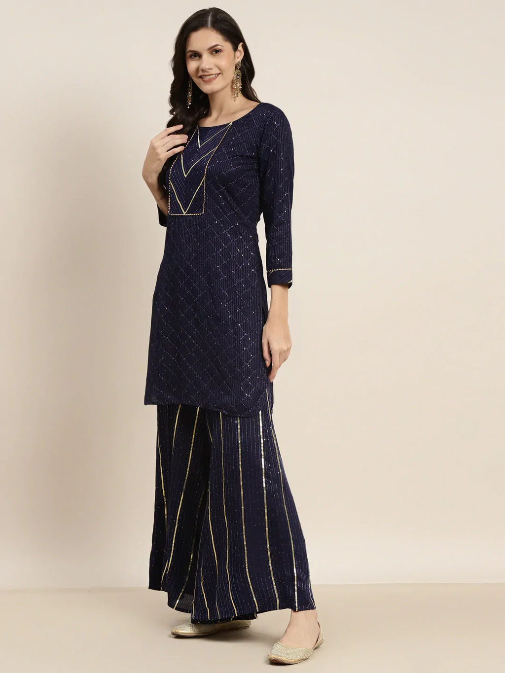 Jompers Women's Embroidered Sequinned Kurta with Palazzos & Dupatta - Navy Blue