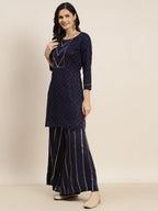 Jompers Women's Embroidered Sequinned Kurta with Palazzos & Dupatta - Navy Blue